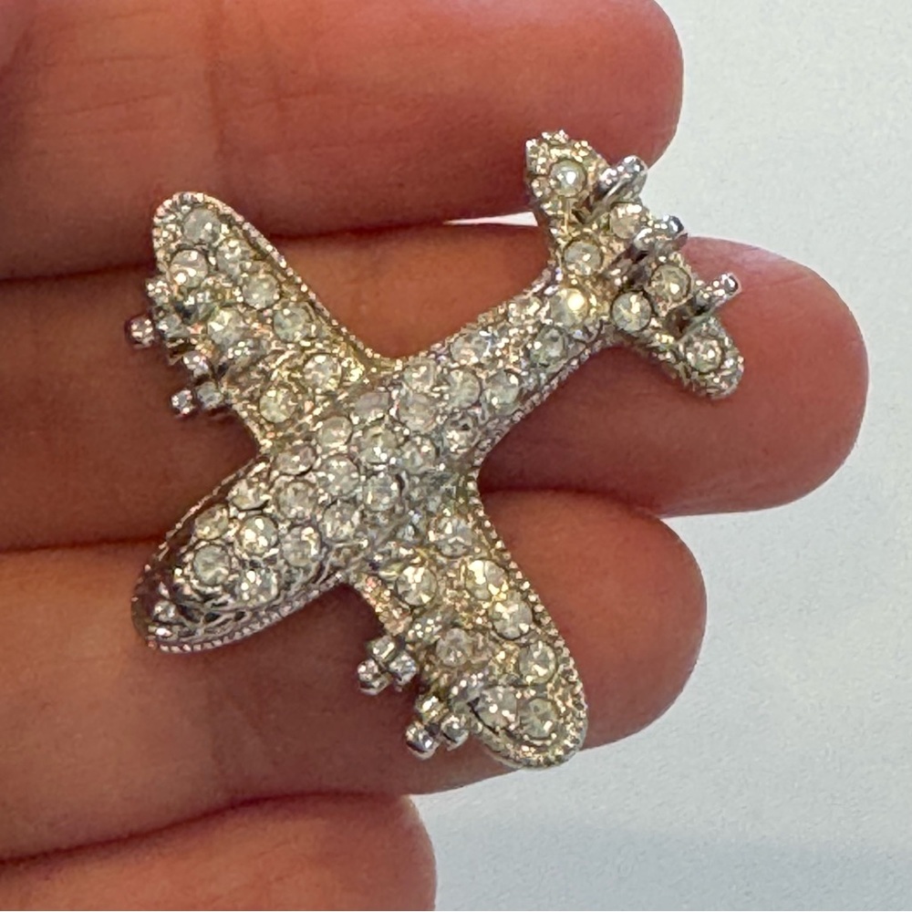 Vintage Airplane Rhinestone Brooch Pin Silver Tone Jet Travel Pilot